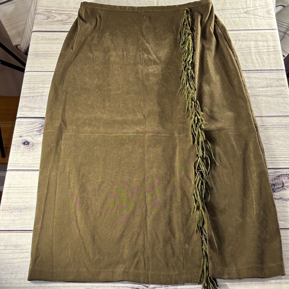 Norton McNaughton Olive Faux Suede Boho Skirt with Fringe Western Festival